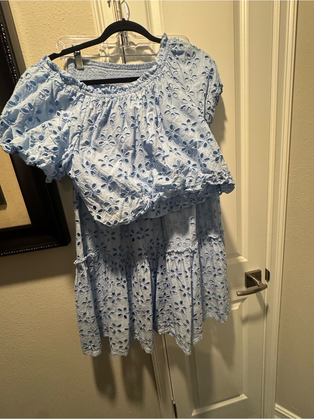 Light Blue Eyelet Off-Shoulder Women's matching set skirt and top